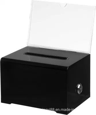 Caja de plástico negro para donaciones de dinero, caja de fondos acrílica con cerradura y llave