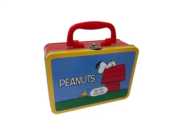 Caja de lata con forma de maleta rectangular con mango de plástico Fiambrera de metal personalizada con cerradura y caja de lata con manija de llave